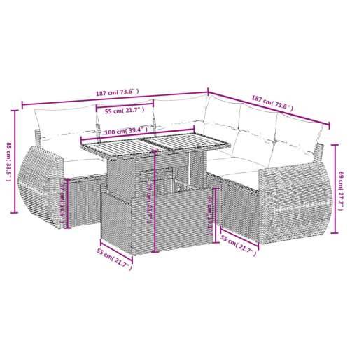 Vrtna garnitura - 6-dijelni set vrtnih sofa s jastucima crni od poliratana - Crna 3x kutna + 2x srednja + stol 1 Cijena