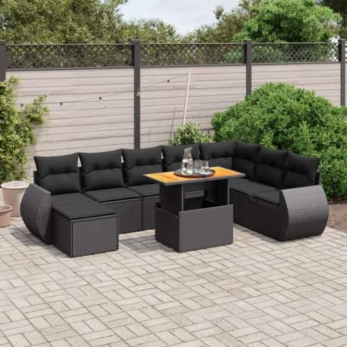 Vrtna garnitura - 9-dijelni set vrtnih sofa s jastucima crni od poliratana Cijena