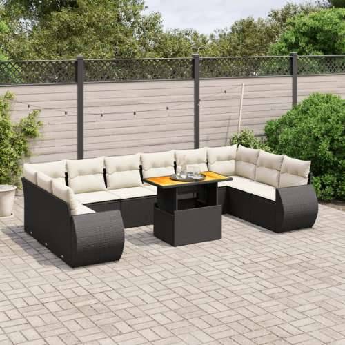 Vrtna garnitura - 11-dijelni set vrtnih sofa od poliratana s jastucima crni - Crna i krem 6x srednja + 4x kutna + stol 1 Cijena