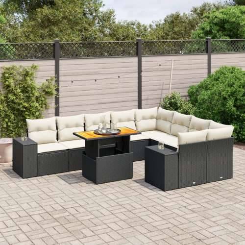 Vrtna garnitura - 10-dijelni set vrtnih sofa s jastucima crni od poliratana - Crna i krem 5x srednja + 2x kutna + stol 1 Cijena