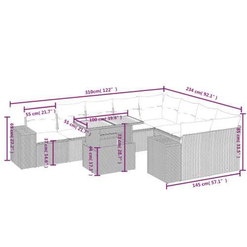 Vrtna garnitura - 10-dijelni set vrtnih sofa s jastucima crni od poliratana - Crna i krem 5x srednja + 2x kutna + stol 1 Cijena