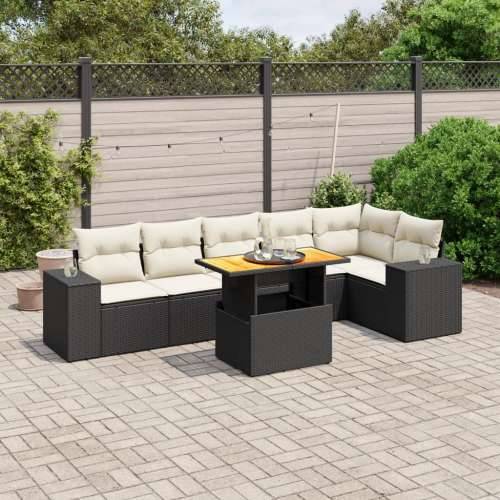 Vrtna garnitura - 7-dijelni set vrtnih sofa od poliratana s jastucima crni - Crna i krem 3x srednja + 3x kutna + stol 1 Cijena