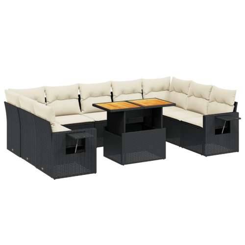 Vrtna garnitura - 10-dijelni set vrtnih sofa s jastucima crni od poliratana - Crna i krem 5x srednja + 4x kutna + stol 1 Cijena