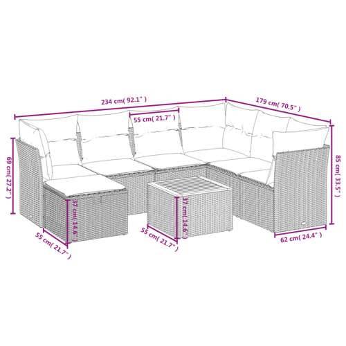 Vrtna garnitura - 8-dijelni set vrtnih sofa od poliratana s jastucima crni - Crna 3x srednja + 3x kutna + tabure + stol 1 Cijena