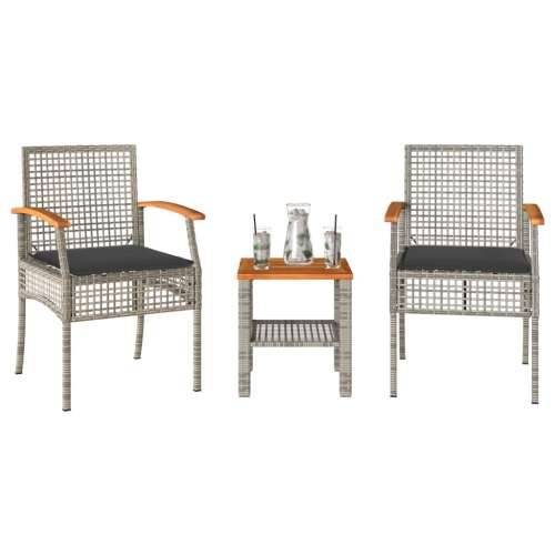 3-dijelni bistro set s jastucima poliratan i drvo bagrema sivi - Siva poly rattan and acacia wood 2 Cijena