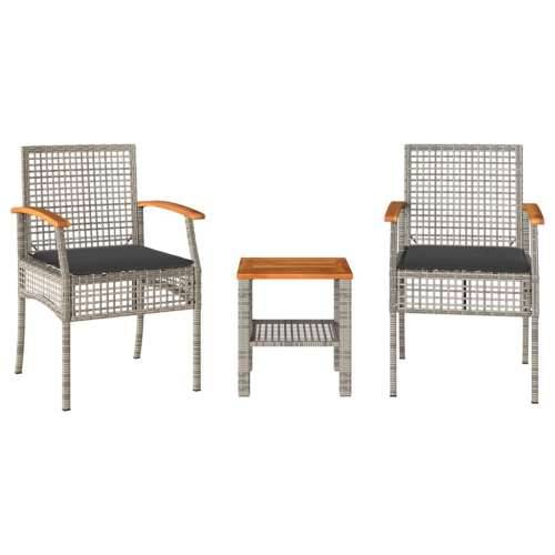 3-dijelni bistro set s jastucima poliratan i drvo bagrema sivi - Siva poly rattan and acacia wood 2 Cijena