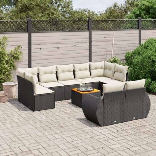 Vrtna garnitura - 10-dijelni set vrtnih sofa s jastucima crni od poliratana - Crna i krem 5x srednja + 2x kutna + stol 1 Cijena
