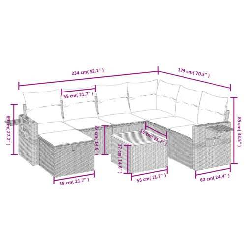 Vrtna garnitura - 8-dijelni set vrtnih sofa od poliratana s jastucima crni - Crna 3x kutna + 3x srednja + tabure + stol 1 Cijena