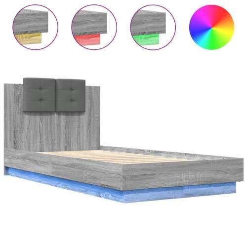 Okvir za krevet s uzglavljem i LED svjetlima boja sivog hrasta - Sivi hrast sonoma 90 x 190 cm Cijena