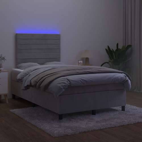 Krevet box spring s madracem LED svjetlosivi 120x190 cm tkanina - Svjetlosiva 120 x 190 cm vodoravne pruge Cijena