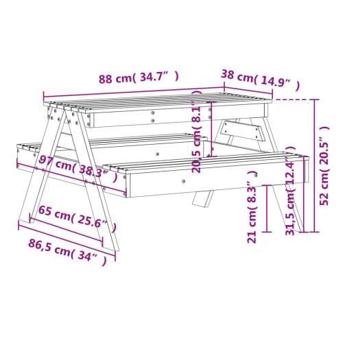 Stol za piknik za djecu 88 x 97 x 52 cm od masivne borovine - Prirodna boja bora 1 Cijena