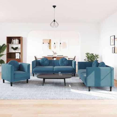 3-dijelni set sofa s jastucima plavi baršunasti - Plava 1-sjedalo + dvosjed + trosjed Cijena