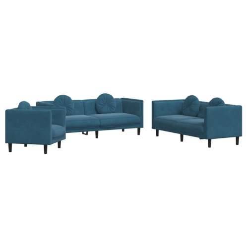 3-dijelni set sofa s jastucima plavi baršunasti - Plava 1-sjedalo + dvosjed + trosjed Cijena