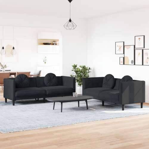 2-dijelni set sofa s jastucima crni baršunasti - Crna dvosjed + trosjed Cijena