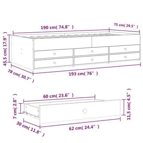 Dnevni krevet s ladicama bez madraca siva boja hrasta 75x190 cm - Sivi hrast sonoma 75 x 190 cm Cijena