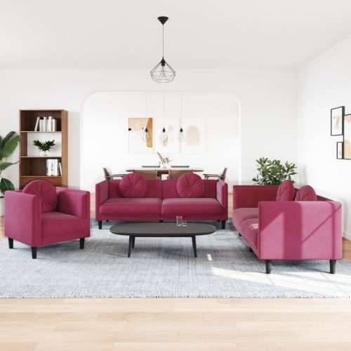 3-dijelni set sofa s jastucima crvena boja vina baršunasti