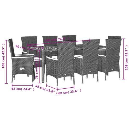 Vrtna garnitura - 9-dijelni vrtni blagovaonski set s jastucima crni od poliratana - Dužina stola 190 cm reclining chair + armcha Cijena