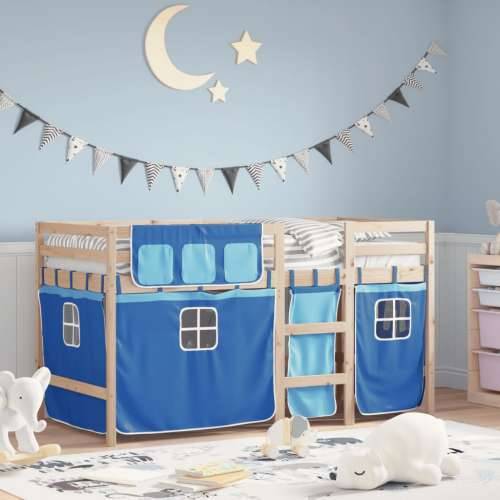 Dječji krevet na kat i zavjese plavi 90x200 cm borovina Cijena