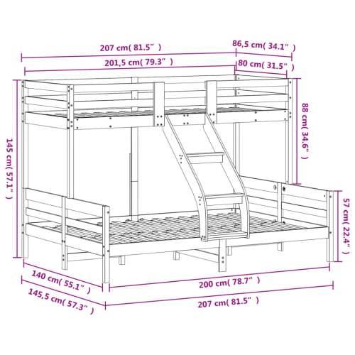 Krevet na kat 80 x 200/140 x 200 cm od masivne borovine - Prirodna 1 Cijena