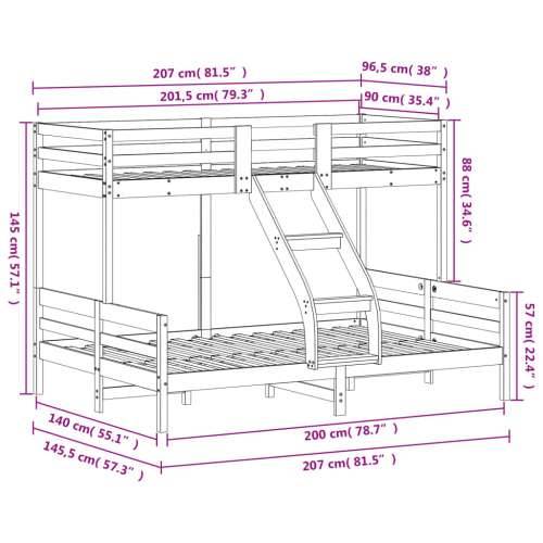 Krevet na kat 90 x 200/140 x 200 cm od masivne borovine - Prirodna 1 Cijena