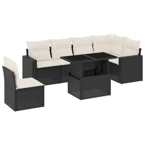 Vrtna garnitura - 7-dijelni set vrtnih sofa od poliratana s jastucima crni - Crna i krem Sa stolom 1 Cijena