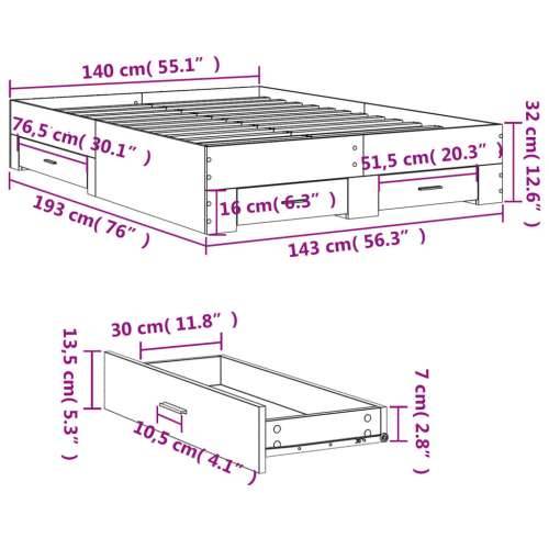 Okvir za krevet s ladicama boja hrasta 140x190 cm drveni - Sivi hrast sonoma 140 x 190 cm Cijena