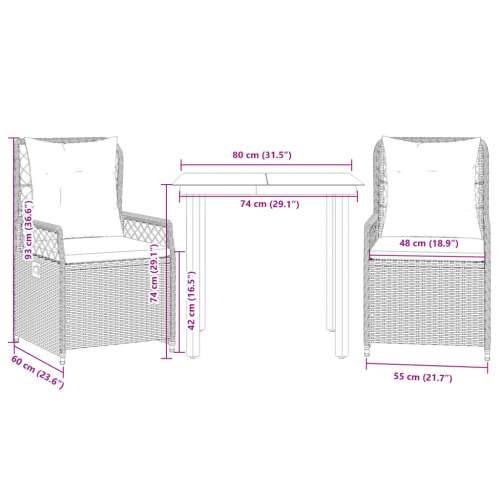 Vrtna garnitura - 3-dijelni vrtni blagovaonski set s jastucima poliratan smeđi - Smeđa 80 x 80 x 74 cm 2 Cijena
