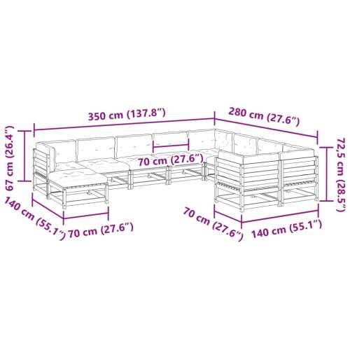 Vrtna garnitura - 10-dijelni set vrtnih sofa s jastucima od masivne borovine - Prirodna boja bora s jastučićem 1 Cijena
