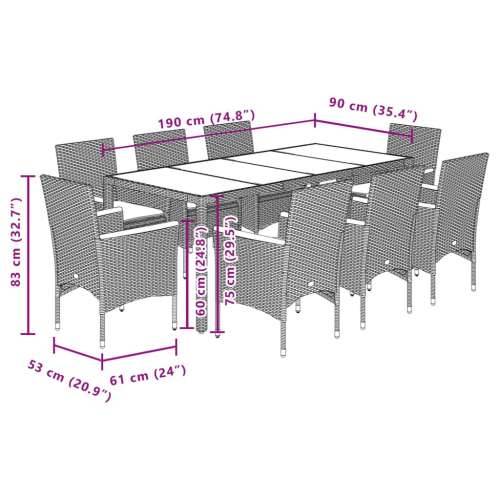 Vrtna garnitura - 9-dijelni vrtni blagovaonski set s jastucima poliratan i bagrem - Siva 190 x 90 x 75 cm 8 Cijena