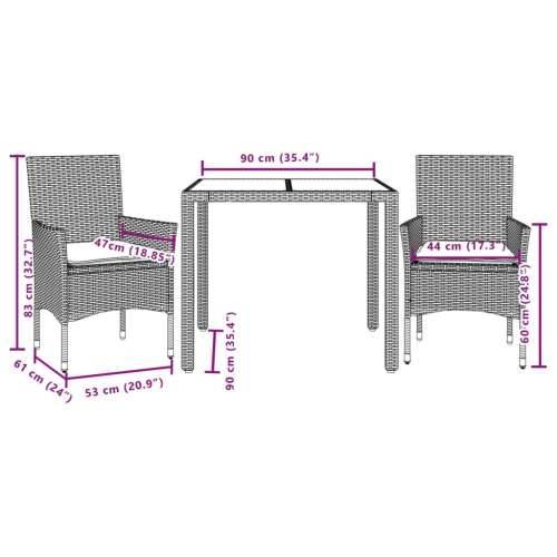 Vrtna garnitura - 3-dijelni vrtni blagovaonski set s jastucima poliratan i staklo - Siva 90 x 90 x 75 cm 2 Cijena