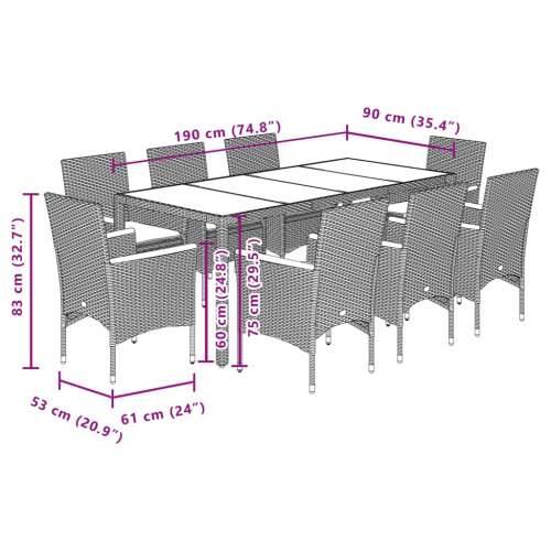 Vrtna garnitura - 9-dijelni vrtni blagovaonski set s jastucima poliratan i staklo - Bež 190 x 90 x 75 cm 8 Cijena