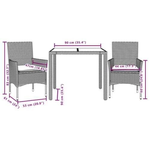 Vrtna garnitura - 3-dijelni vrtni blagovaonski set s jastucima poliratan i bagrem - Crna 90 x 90 x 75 cm 2 Cijena