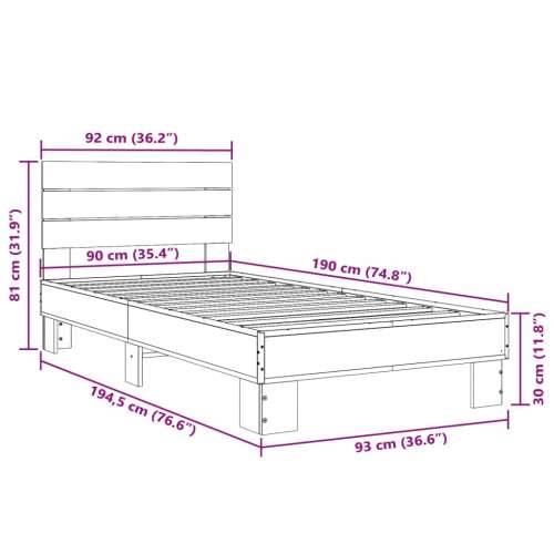 Okvir krevet boja hrasta 90 x 190 cm konstruirano drvo i metal - Dimljeni hrast 90 x 190 cm Cijena
