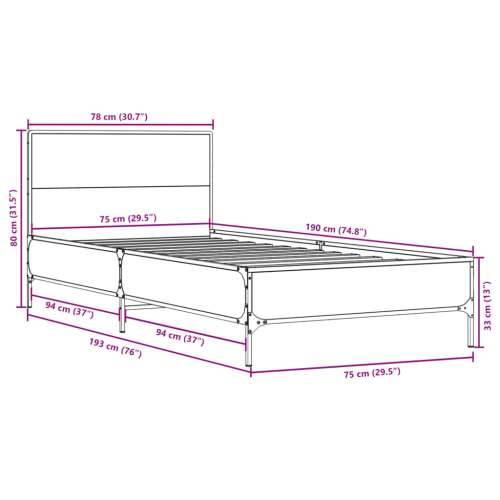 Okvir za krevet boja hrasta 75x190 cm konstruirano drvo i metal - Sivi hrast sonoma 75 x 190 cm Cijena
