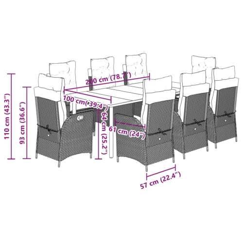 Vrtna garnitura - 9-dijelni vrtni blagovaonski set od poliratana s jastucima bež - 200 x 100 x 74 cm Sa naslonom za noge 8 Cijena