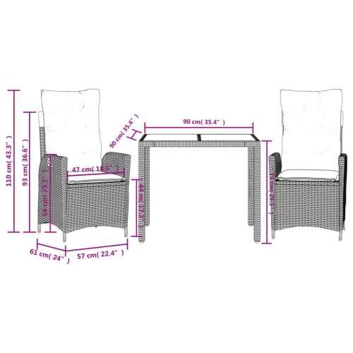 Vrtna garnitura - 3-dijelni vrtni blagovaonski set sivi od poliratana - Siva 90 x 90 x 75 cm Bez naslona za noge 2 Cijena