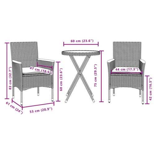 3-dijelni bistro set s jastucima sivi poliratan i drva bagrema - Siva Drveni naslon za ruke 1 Cijena