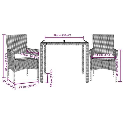 Vrtna garnitura - 3-dijelni vrtni blagovaonski set s jastucima poliratan i staklo - Crna i krem 90 x 90 x 75 cm 2 Cijena