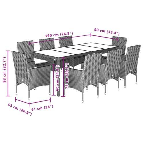 Vrtna garnitura - 9-dijelni vrtni blagovaonski set s jastucima poliratan i staklo - Svjetlosiva 190 x 90 x 75 cm 8 Cijena