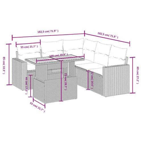 Vrtna garnitura - 6-dijelni set vrtnih sofa od poliratana s jastucima sivi - Siva 3x kutna + 2x srednja + stol 1 Cijena