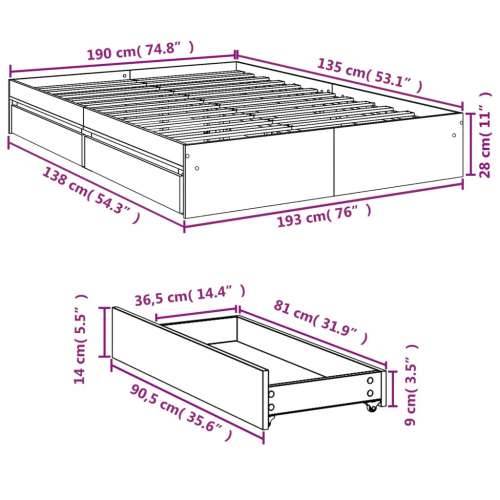 Okvir kreveta s ladicama siva boja betona 135x190 cm drveni Beton siva 135 x 190 cm Cijena