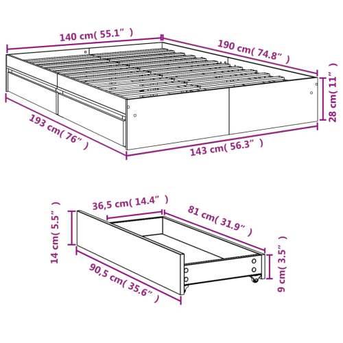 Okvir za krevet s ladicama boja hrasta 140x190 cm drveni Sivi hrast sonoma 140 x 190 cm Cijena