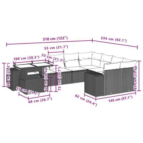 Vrtna garnitura - 10-dijelni set vrtnih sofa od poliratana s jastucima sivi - Siva 1 Cijena