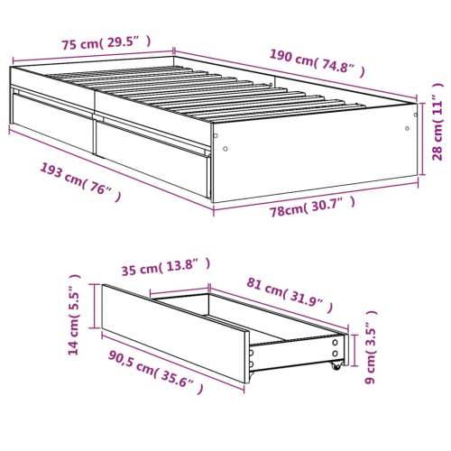 Okvir kreveta s ladicama boja dimljenog hrasta 75x190 cm drveni Dimljeni hrast 75 x 190 cm Cijena