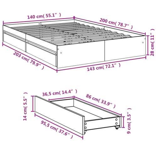 Okvir kreveta s ladicama siva boja betona 140 x 200 cm drveni Beton siva 140 x 200 cm Cijena