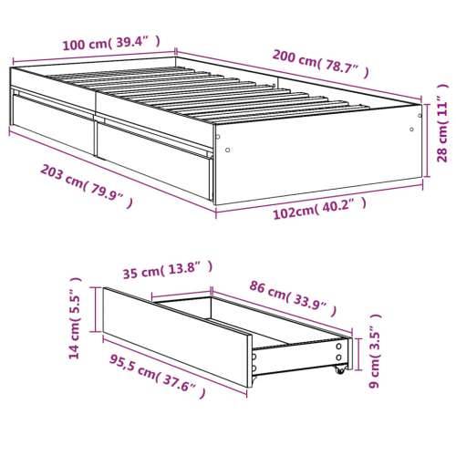 Okvir za krevet s ladicama boja hrasta 100x200 cm drveni Sivi hrast sonoma 100 x 200 cm Cijena