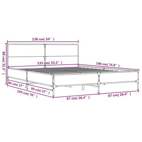 Okvir kreveta boja hrasta 135x190cm konstruirano drvo i metal - Sivi hrast sonoma 135 x 190 cm Cijena