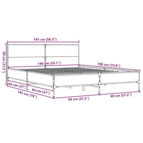 Okvir kreveta boja hrasta 140x190 cm konstruirano drvo i metal - Dimljeni hrast 140 x 190 cm Cijena