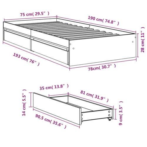 Okvir kreveta s ladicama crni 75 x 190 cm konstruirano drvo Crna 75 x 190 cm Cijena