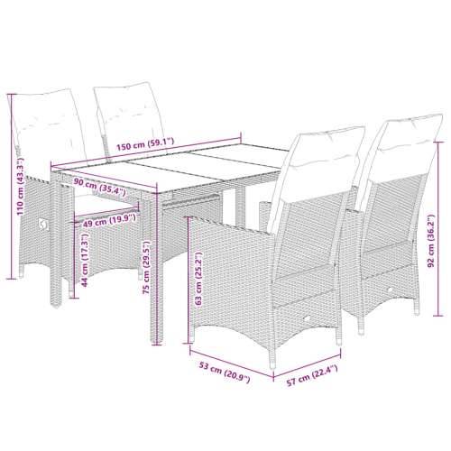 Vrtna garnitura - 5-dijelni vrtni blagovaonski set s jastucima poliratan smeđi - 150 x 90 x 75 cm bez podignute noge 4 Cijena